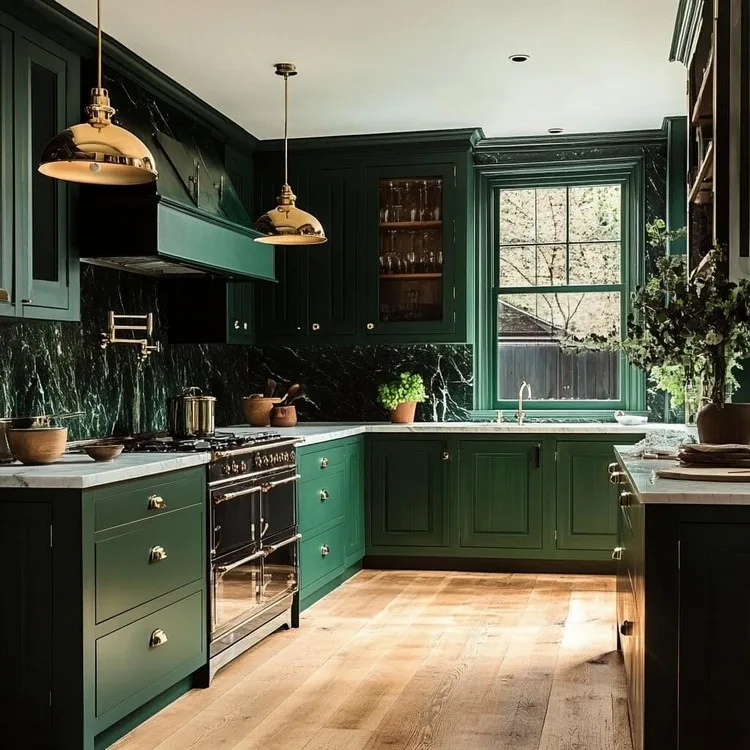 Forest Green and Brass- latest home kitchen colour combination for rich feel
