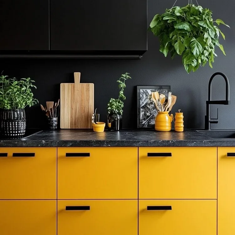 Mustard Yellow and Deep Charcoal- bold kitchen colour combination
