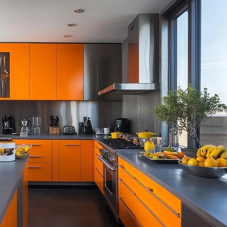 Orange and Grey- kitchen laminates two-colour combination for harmonius appeal