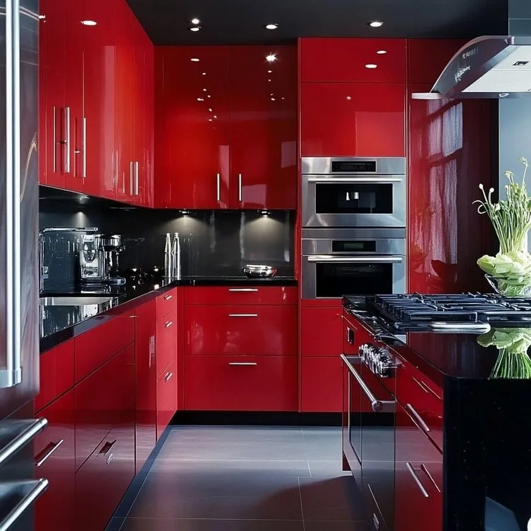 Red and Black- Bold modular kitchen furniture colour combination