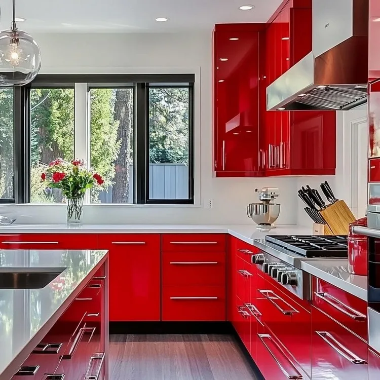 Red- kitchen wardrobe colour for energetic feel