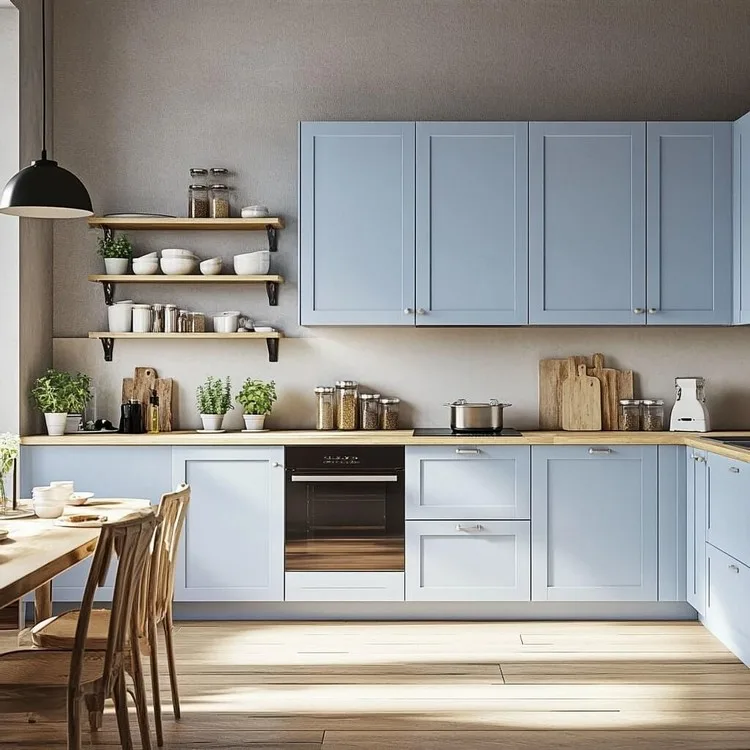 Sky Blue and Ash Grey- modular kitchen colour combination for refreshing look