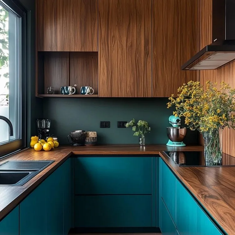 Teal and Brown- attractive two colour combination for kitchen laminates