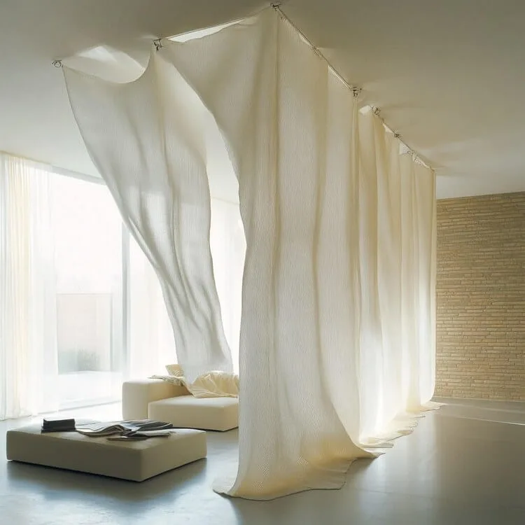 Fabric Panels Partition Design Between The Living and Dining Room