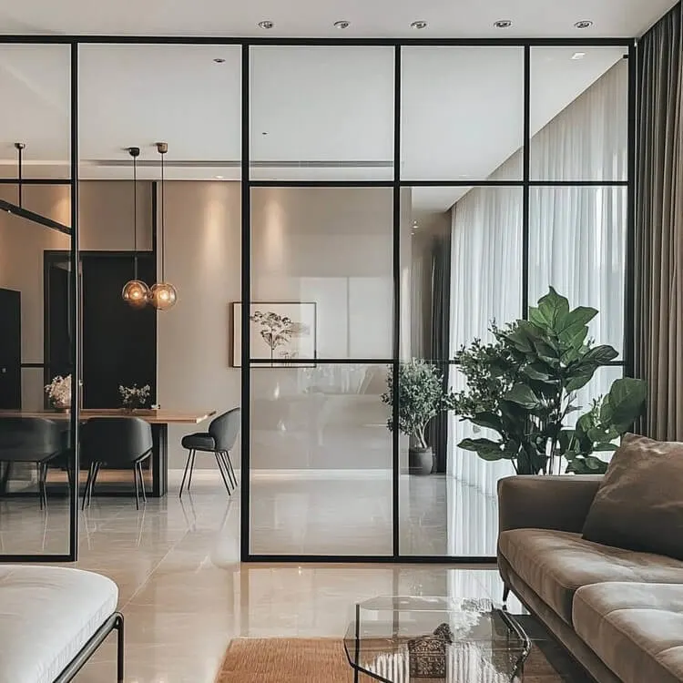Glass Panels with Metal Frame: Living Room Divider Idea