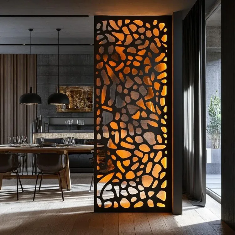 Laser-Cut Metal Panels for Partition Between for Living and Dining Room