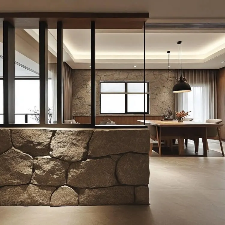 Stone Half-Wall Partition Design for Dining Room