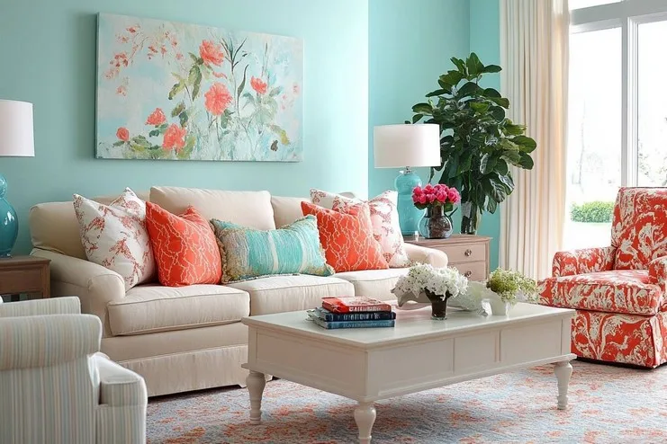 Aqua, Beige, & Coral Wall Paint Colour Combination for Living Room