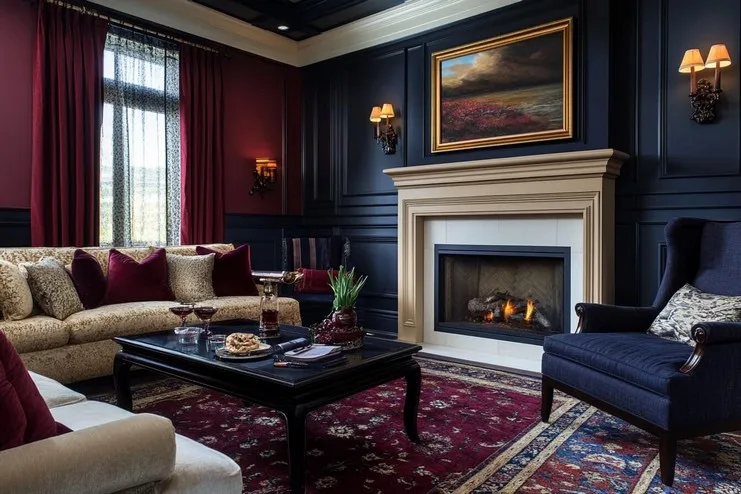 Burgundy, Navy, & Sand Wall Paint Colour Combination for Hall