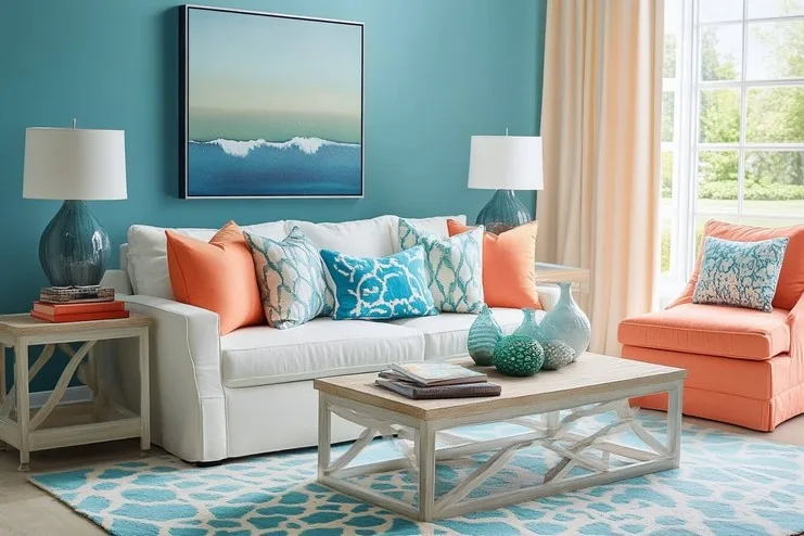 Cerulean and Peach Wall Paint Colour Combination for Living Room