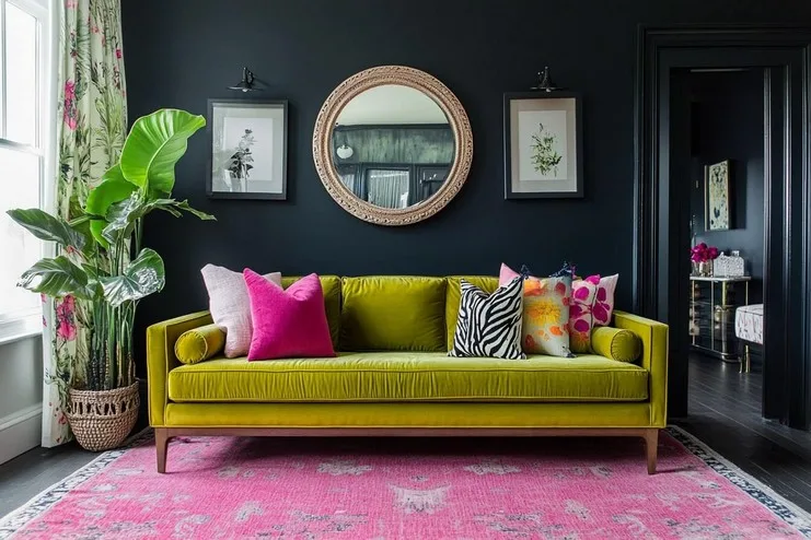 Citron Green, Dusty Rose & Charcoal Wall Paint Colour Combination for Living Room