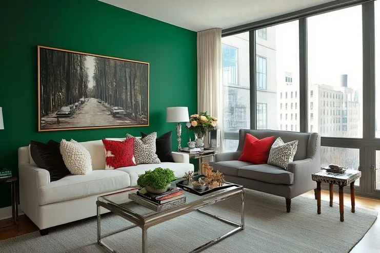 Emerald, Ash Grey, & Ivory Paint Colour Combination for Living Room