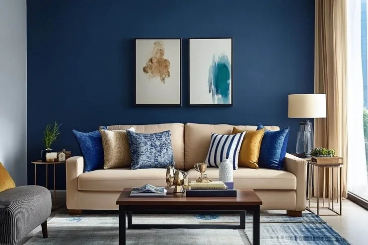 Indigo and Sand Wall Colour Combination for Drawing Room
