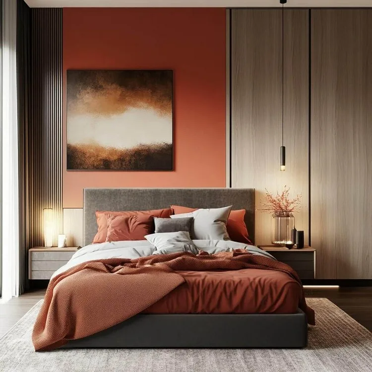 modern simple bedroom design idea: Match Furniture with Accent Wall Tones