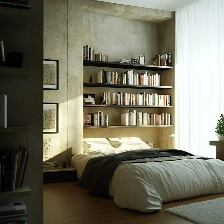 simple bedroom interior design idea: Install High Shelves for Extra Storage
