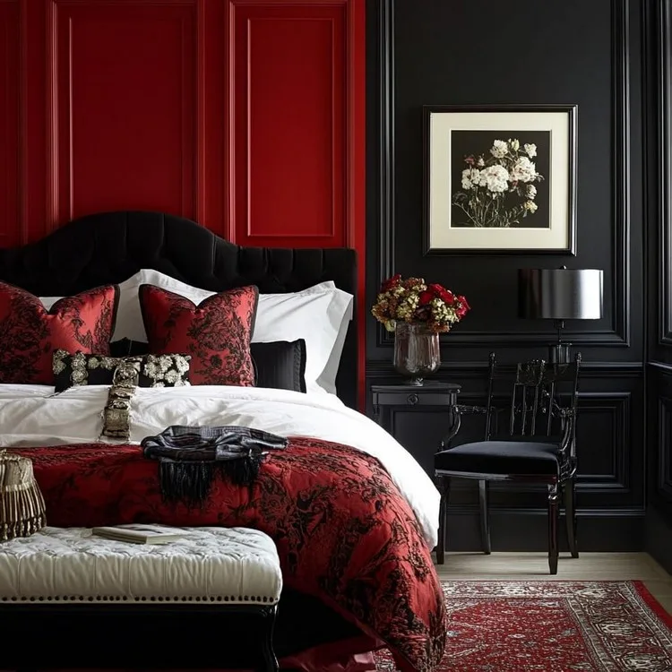 Crimson Red and Midnight Black: Bedroom Colour Combination