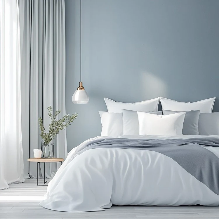 Colour for Bedroom Walls: Greyish Blue and Snow White