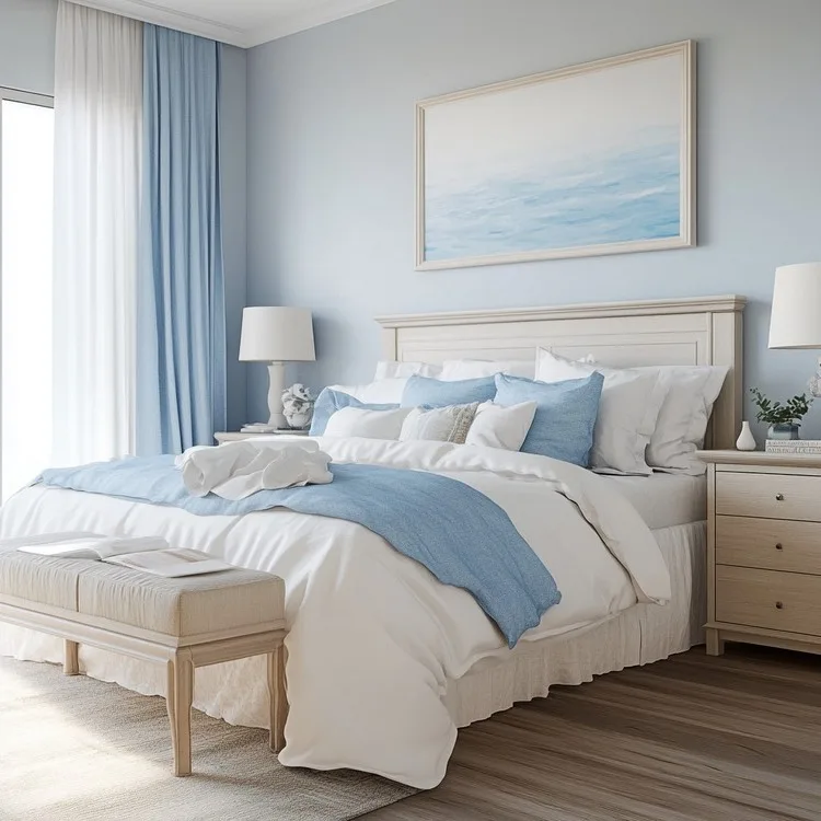 Bedroom Colour Scheme Ideas: Sandy White and Subtle Blues