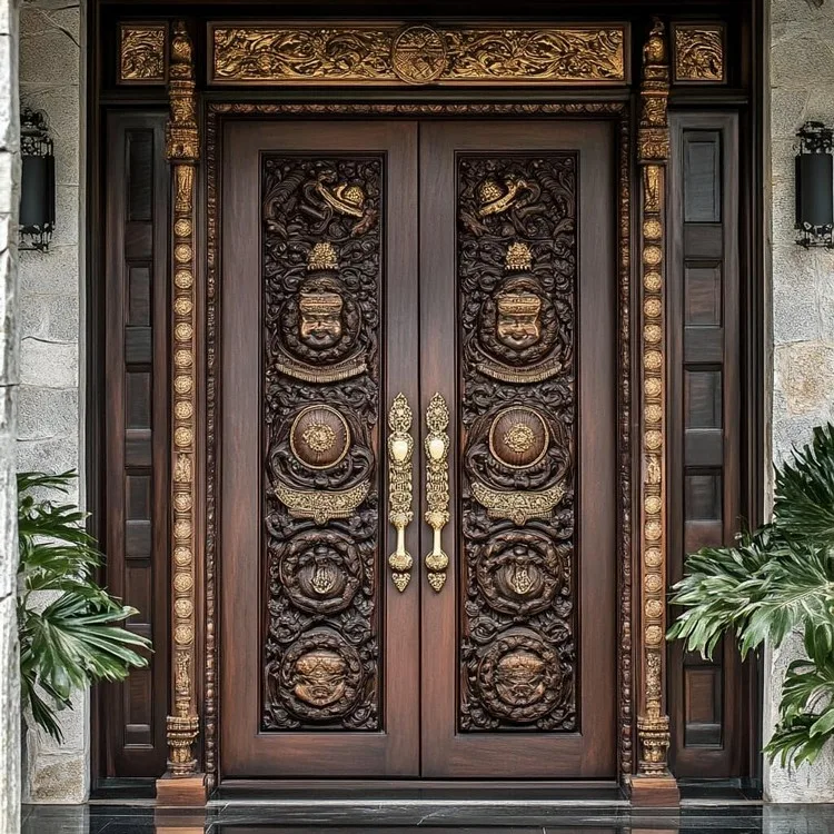 Traditional Temple-Style Wooden Door Design