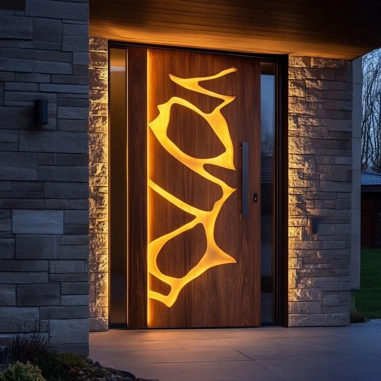 Wooden Main Entrance Modern Door Design with LED Backlighting