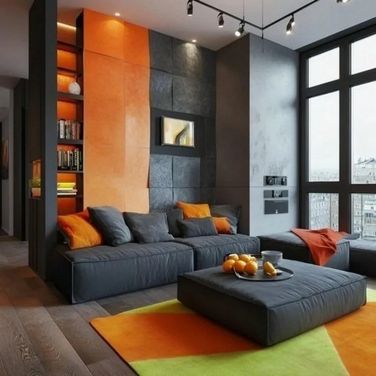 Modern Tangerine and Slate- Dual Colour Combination for Living Room