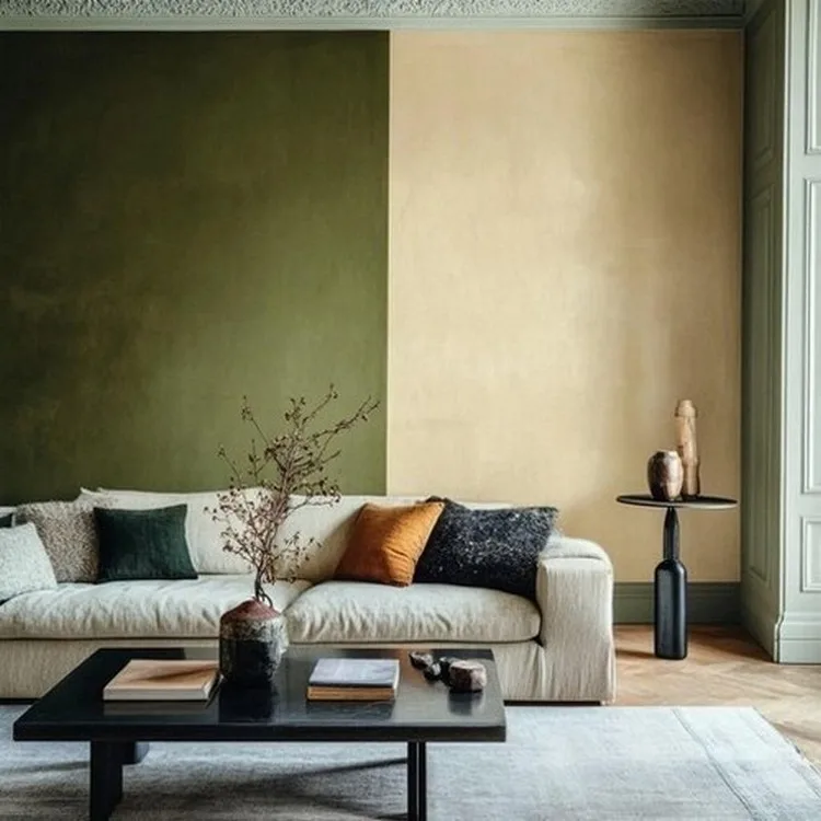 Moss Green and Tan- Two Wall Colour Combination for Living Room