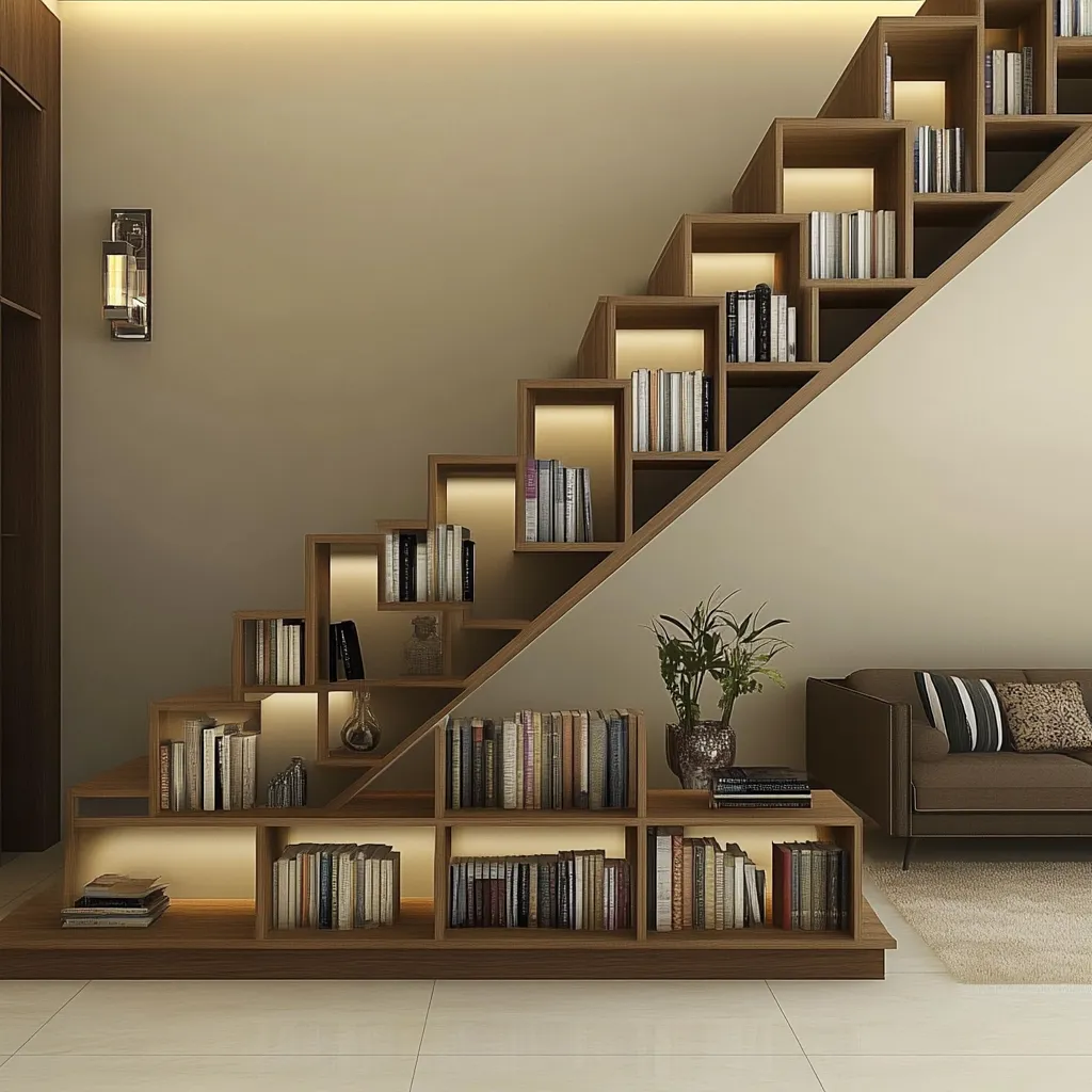 Compact Staircase with In-Built Bookshelf Simple and Compact Staircase Design with In-Built Bookshelf