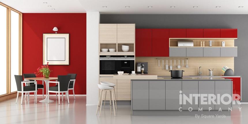 smoky grey and vibrant red combination for kitchen laminates