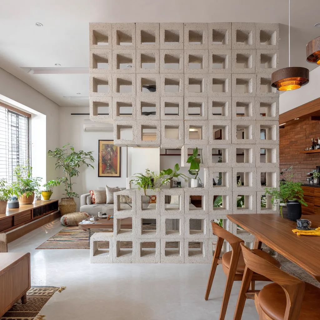 Architectural Partition Blocks Wall Between Living and Dining Room