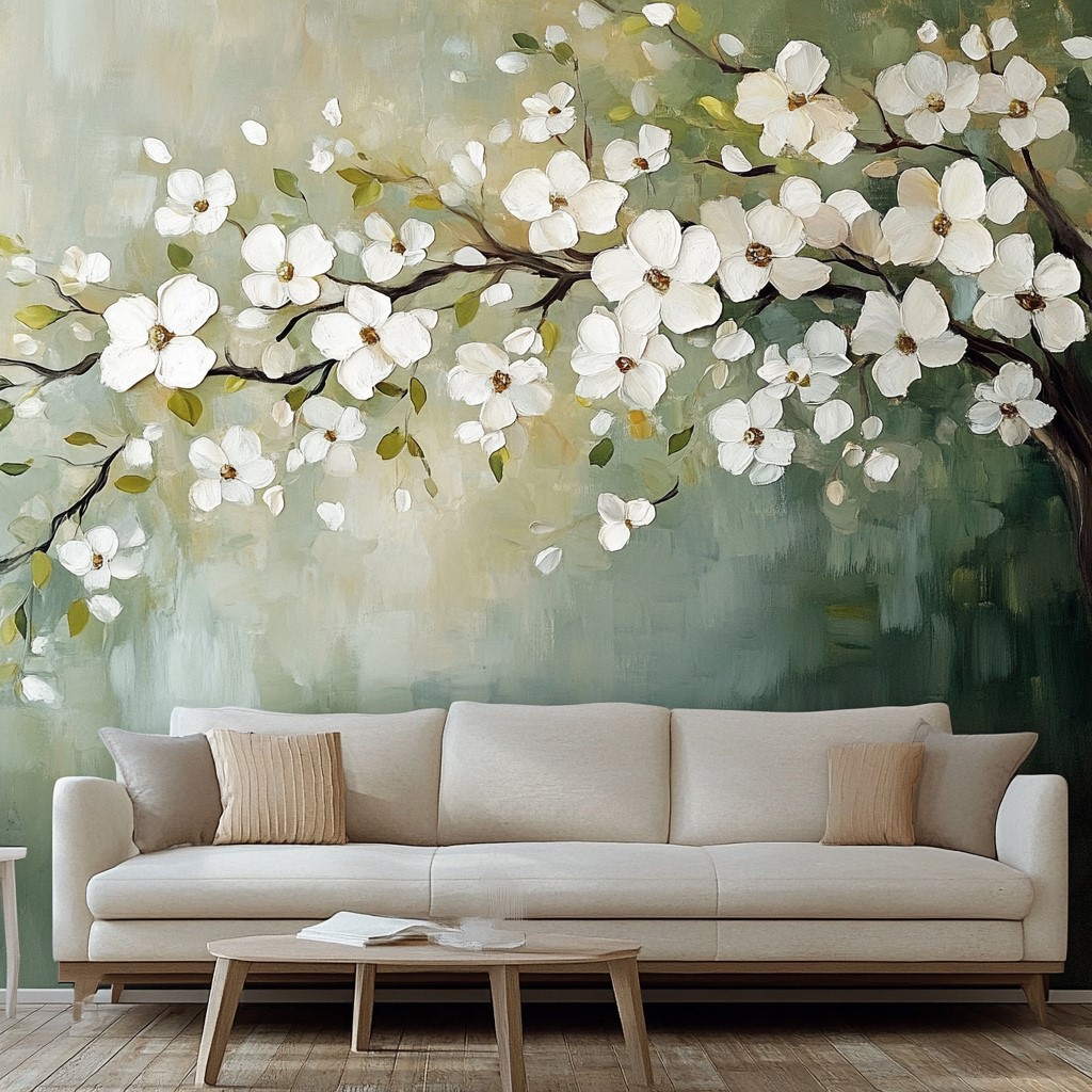 Beautiful Living Area Wall Design: Hand-Painted Floral Murals