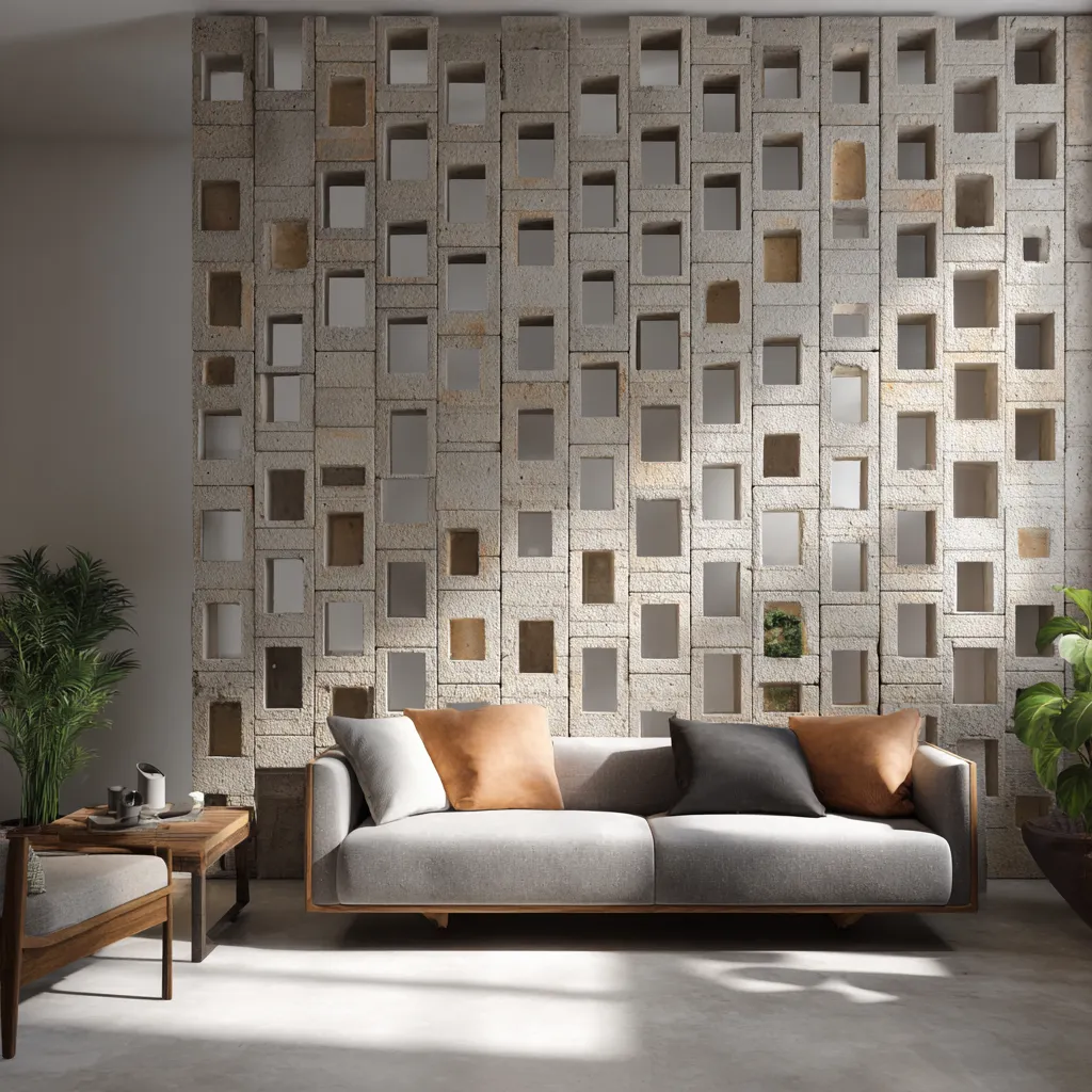 Decorative 3D Block Wall Between Living Room and Entryways