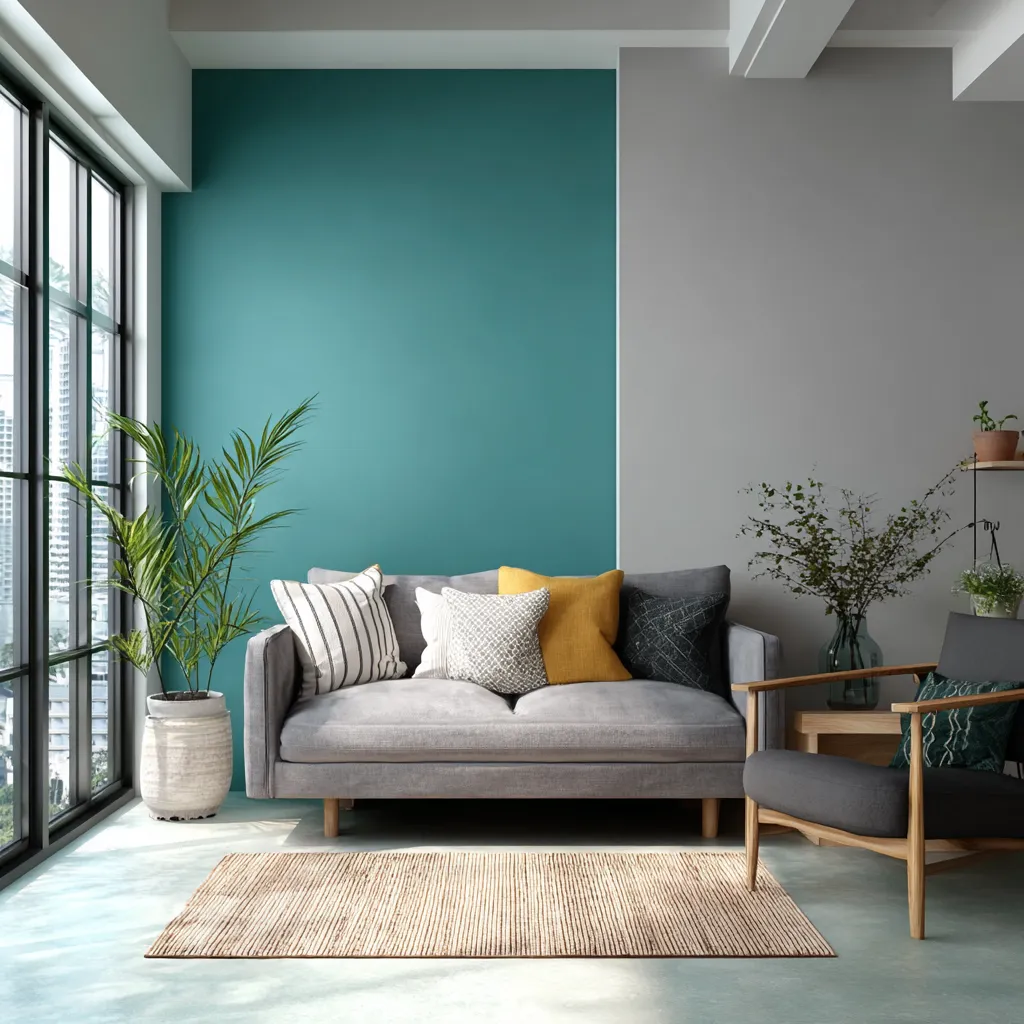 Grey and Teal Wall Colour Combination for Living Room