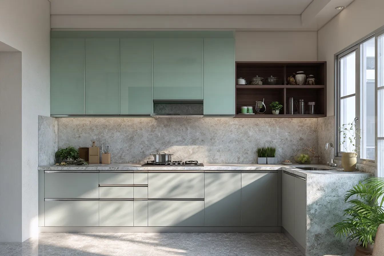 Mint Upper and Grey Lower Kitchen Mica Colour Combination