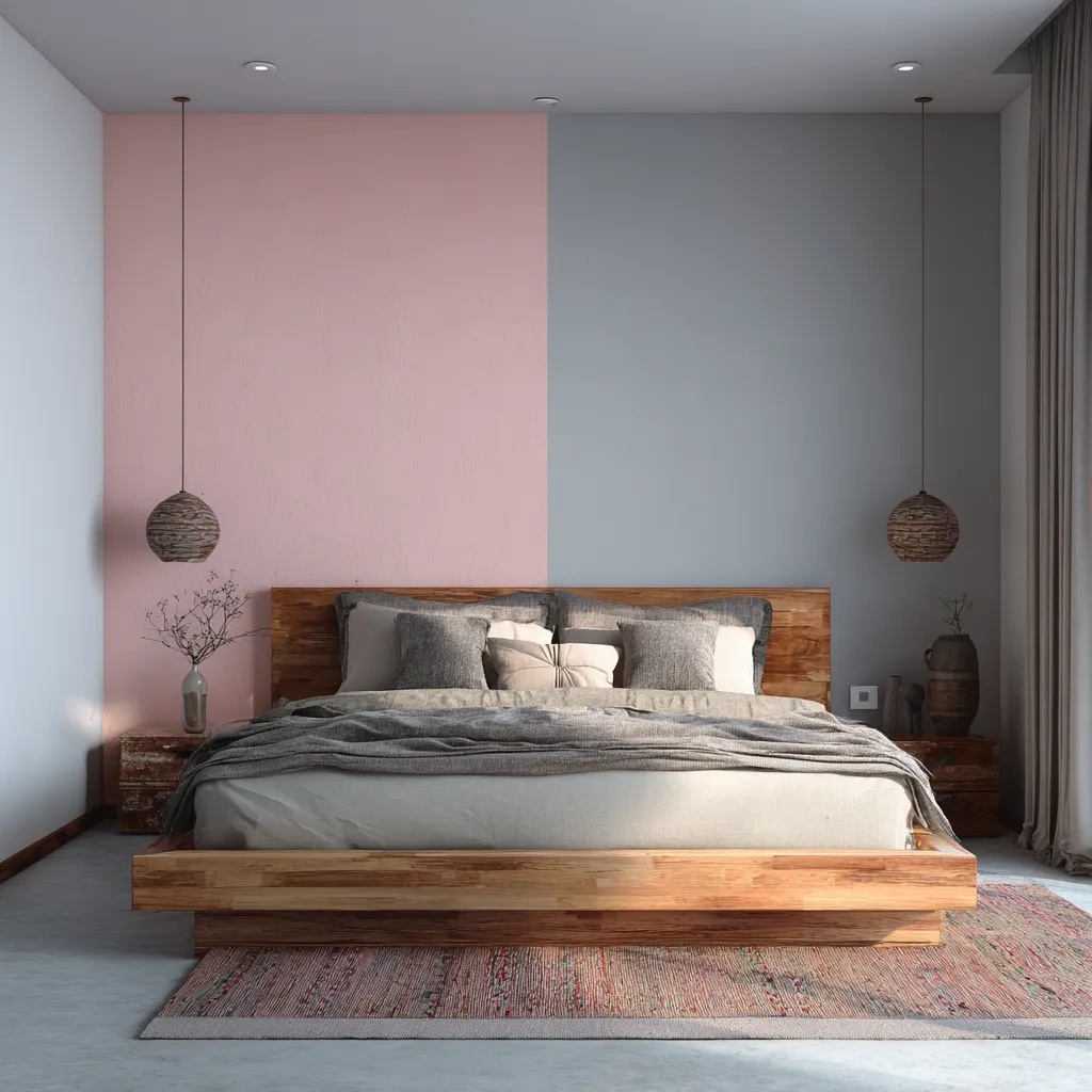 Pink and Grey Wall Paint Colour Combination for Bedroom