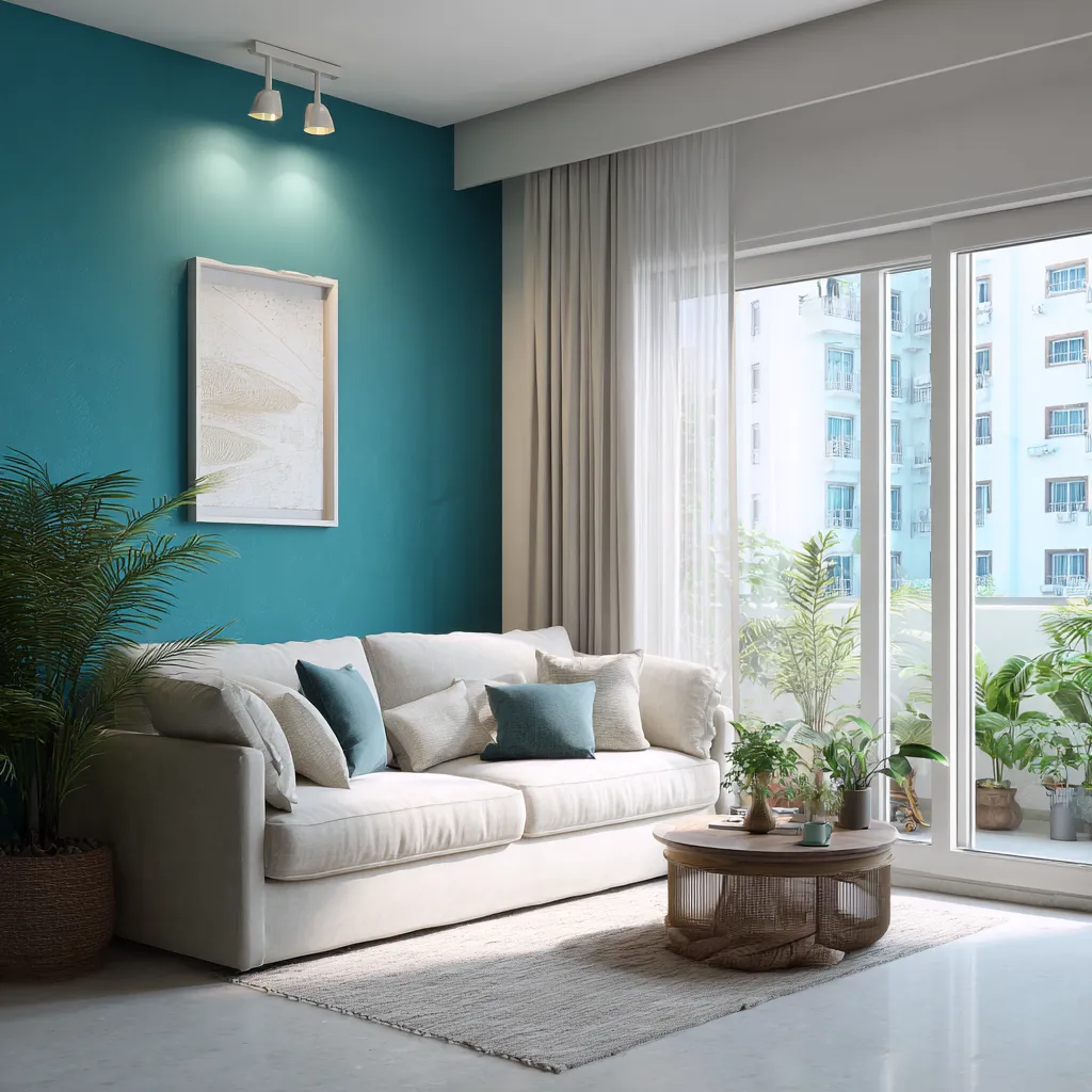 Teal Near Windows- Accent Wall Paint Colour Design for Living Room