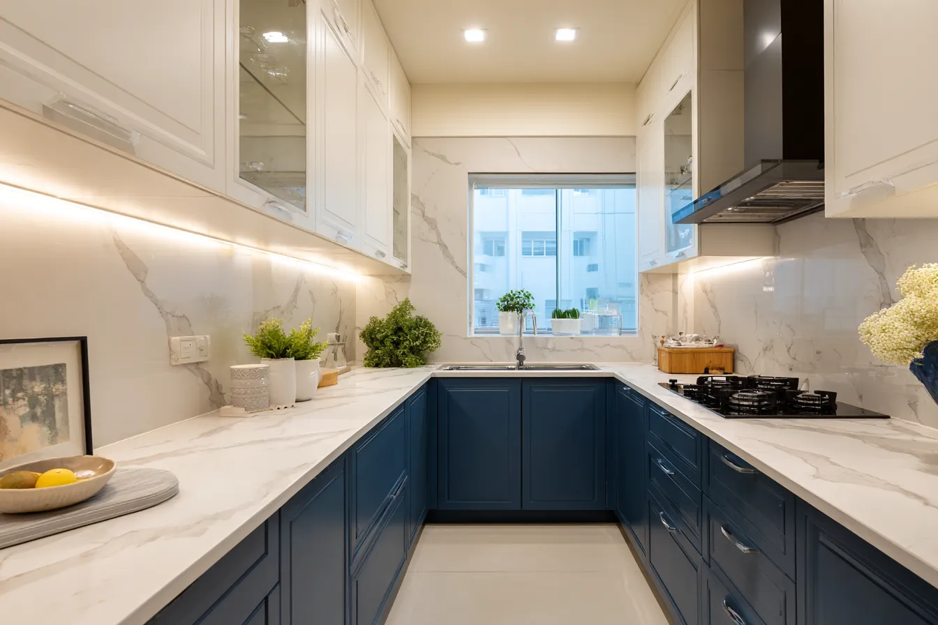 White Upper and Navy Lower Kitchen Mica Colour Combination
