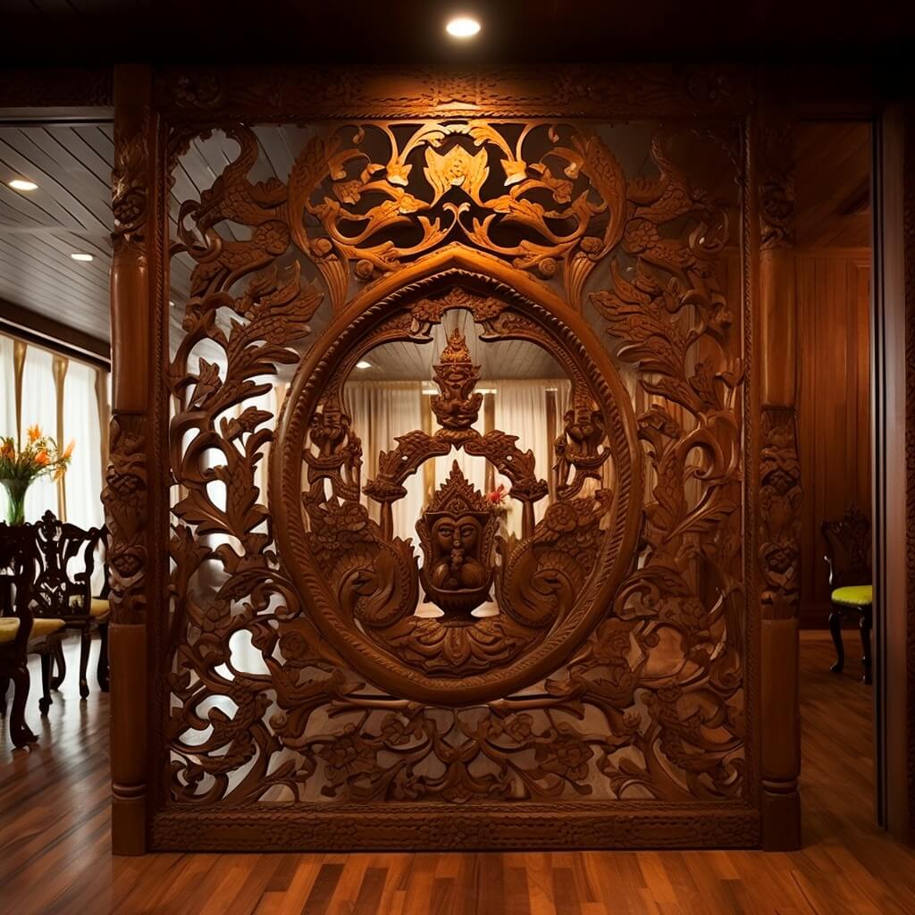 Carved Wooden Partition Design Pooja Room