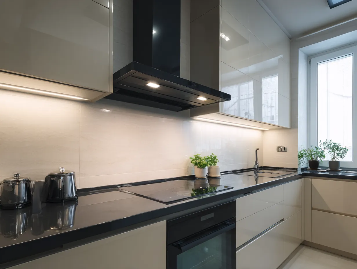 Black and Tinted Glass Kitchen Chimney Design