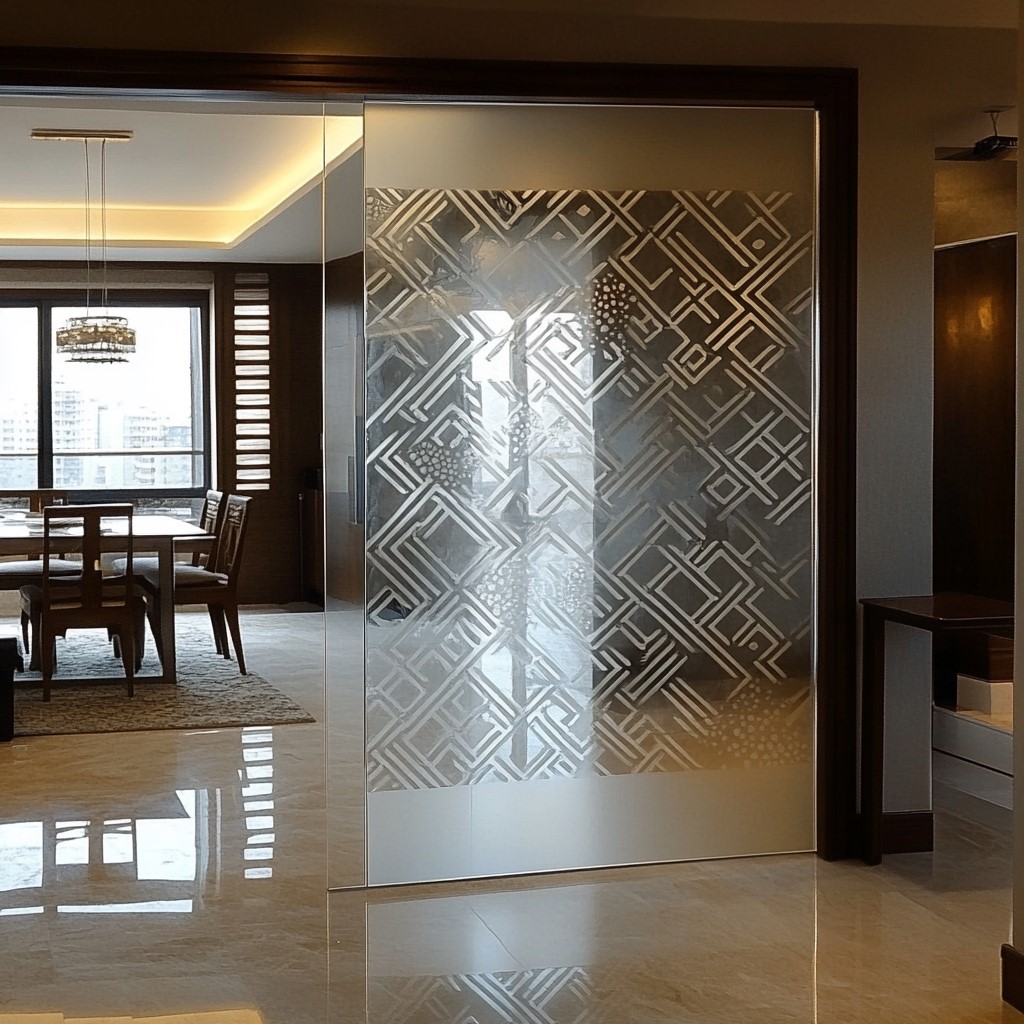 Etched Glass Panel Partition for Living and Dining Room