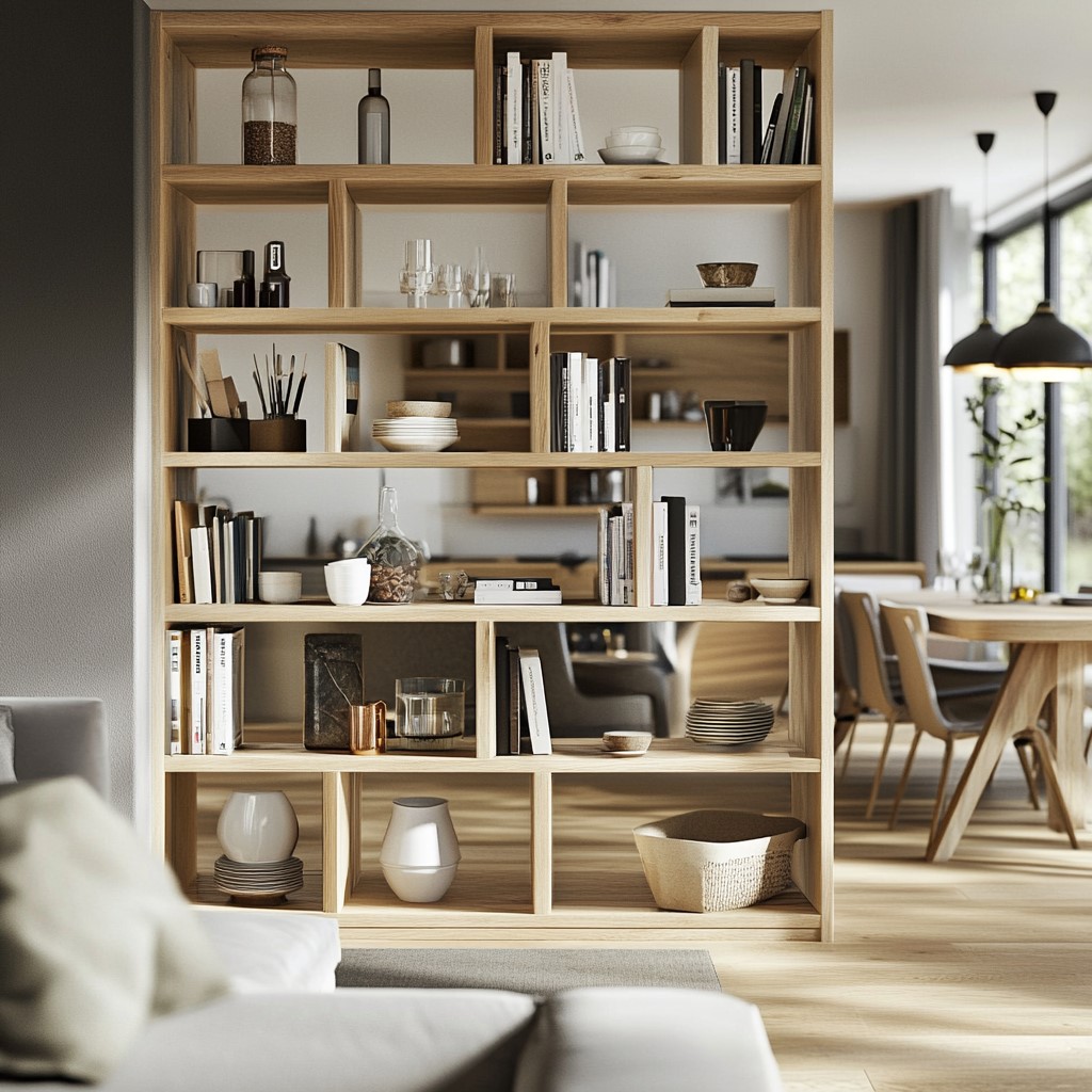 Open Shelving Units as Partition Between Living and Dining Room