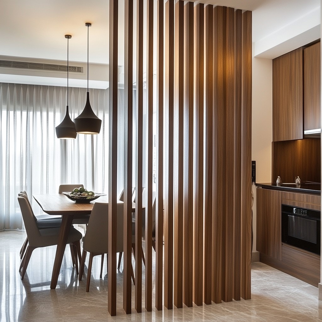 Partition designs between living and dining room with Vertical Wooden Slats