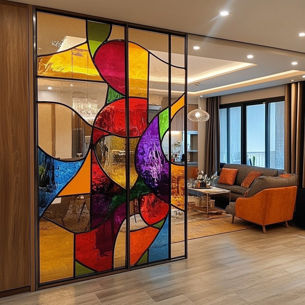 Stained Glass Partition Wall Design for Living and Dining Room