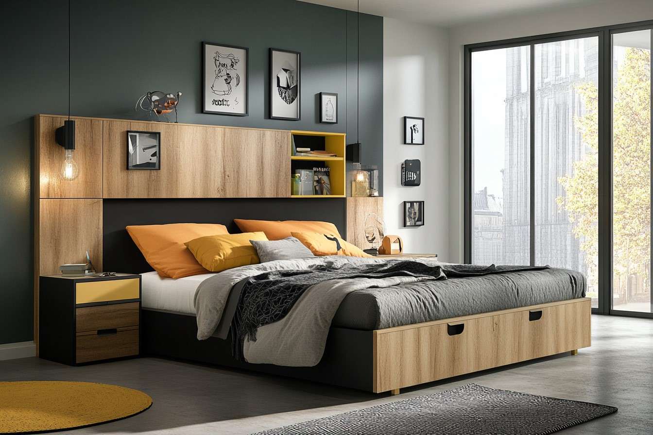 Double Bed Headboard Design with Multipurpose Utility Sections