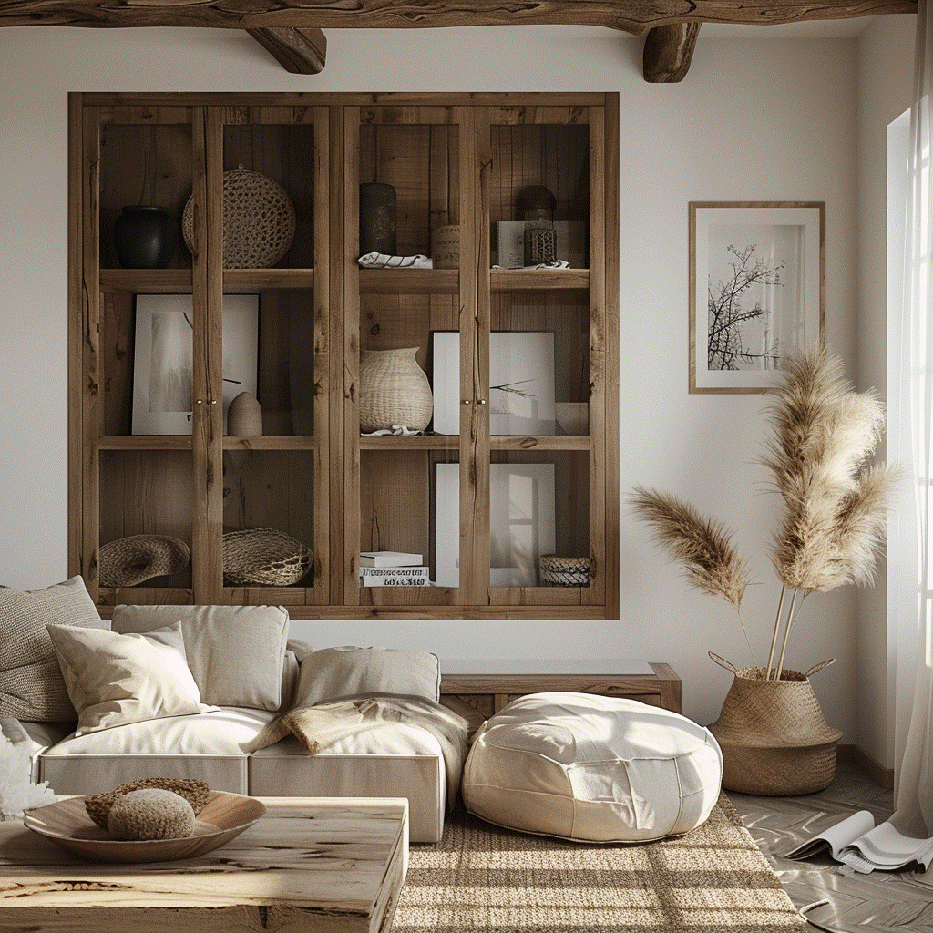 Rustic Wood Showcase Design For Living Room Walls