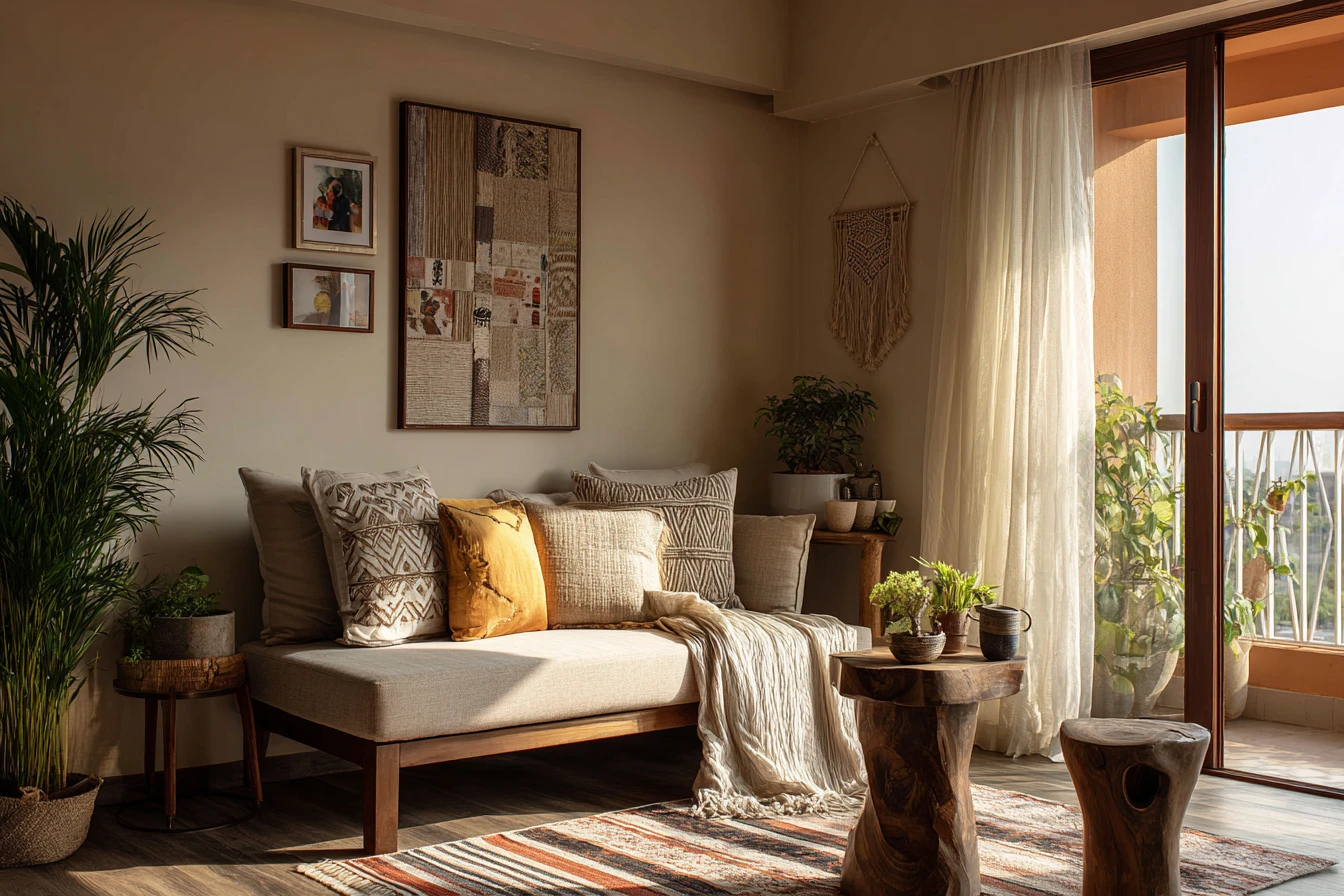 DIY Home Decor Ideas Feautring a Minimalist Seating Area with Neutral Cushions, Handmade Decor and Indoor Plants in a Living Room