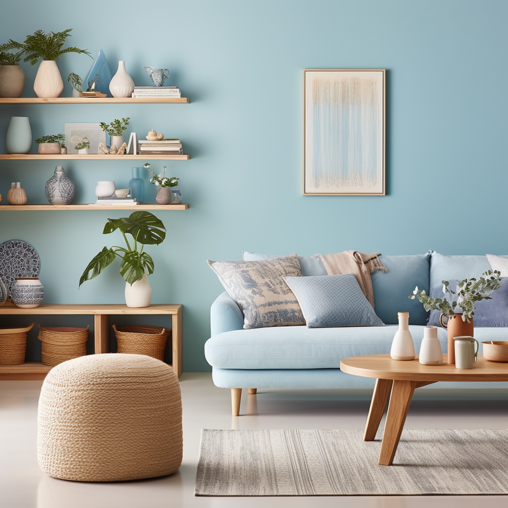 Renew Blue Colors for Sitting Room Walls with Sofa and Open Shelves