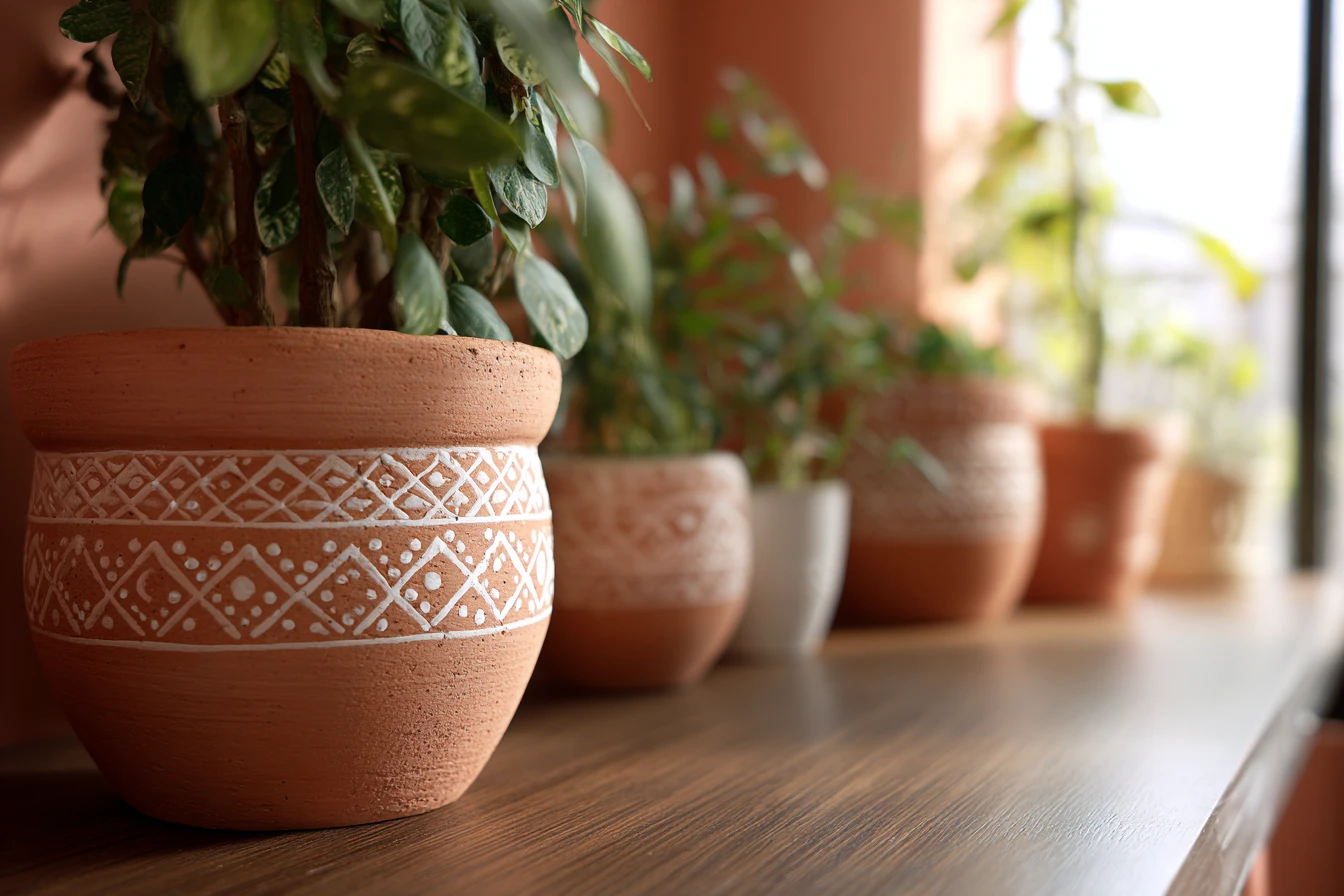 Simple DIY Home Decor Ideas Featuring Geometric Patterns on Earthen Pots by Chalk Paint