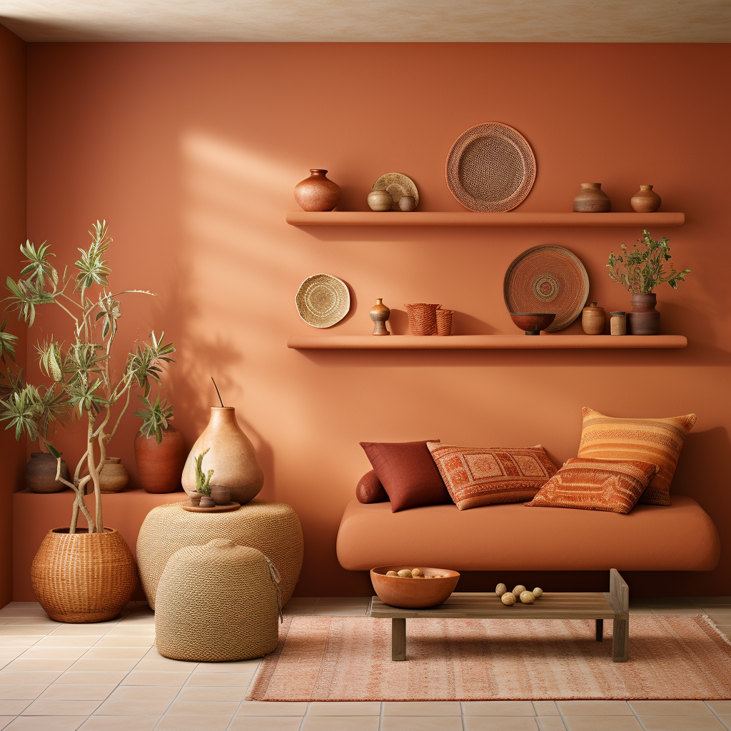 Terracotta Wall Colour in Drawing Room with Smaller Decor Items in Shades of Mustard