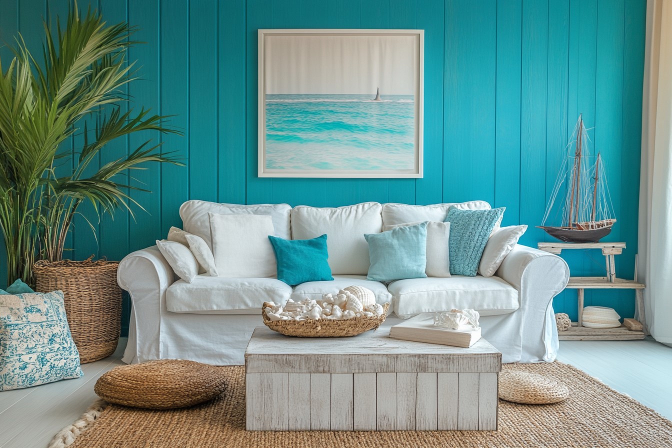 A Coastal Combination with Turquoise and Cream Wall Paint Colour Combination for Living Room