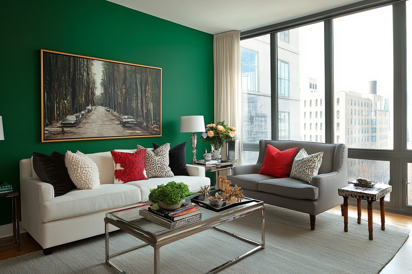 A Festive Makeover with Emerald, Ash Grey, & Ivory Paint Colour Combination for Living Room